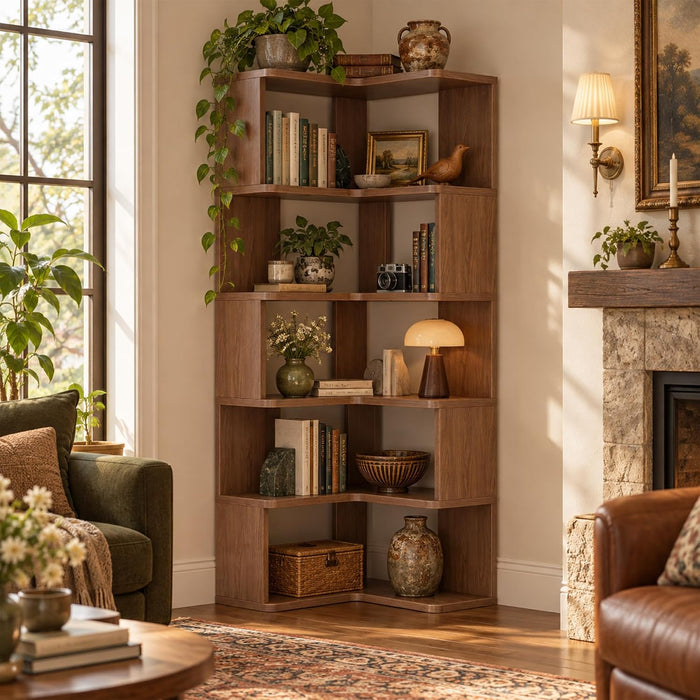 6-Tier L-Shaped Corner Bookshelf, 63" Freestanding Bookcase with Baffle