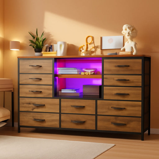 Dresser with LED Lights & Power Outlets, 12 Drawers Dresser TV Stand for 60''TV for Bedroom Dresser Fabric Dressers & Chest of Drawers, Sturdy Long Dresser for Closet Living Room,Hallway