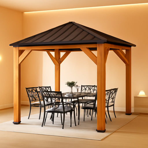Modern Shade Tranquil Grove Wood Gazebo 10' X 10', Hardtop Gazebo Permanent with Galvanized Steel Roof, Cedar Outdoor Gazebo with Sturdy Hooks for Garden, Backyard, Patio and Deck