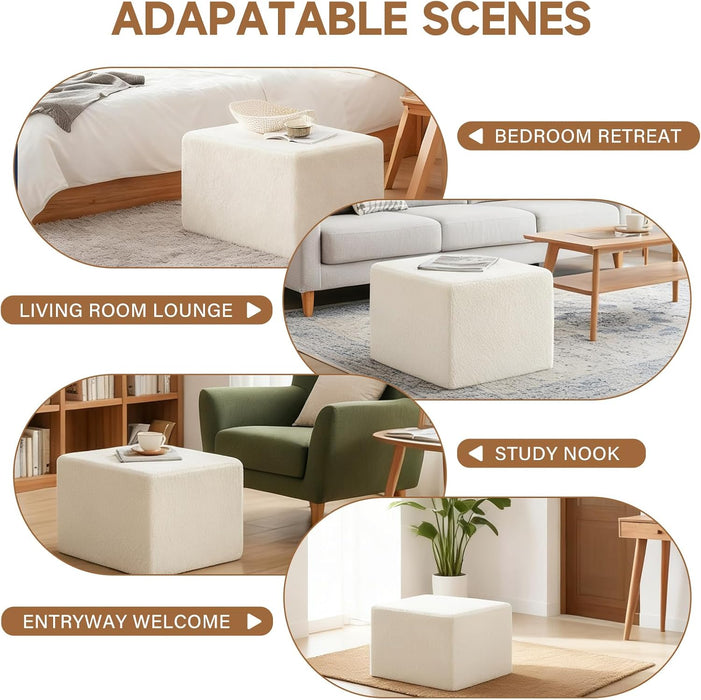 Square Stuffed Pouf Ottoman, Plush Poufs with Foam Chunk Filling, Foot Rest Stool for Living Room, Cream