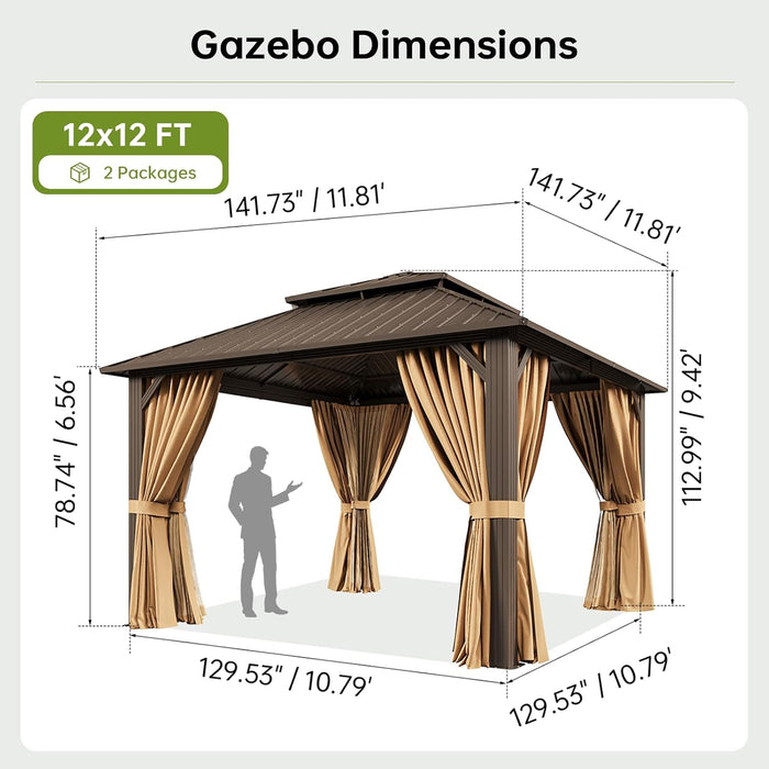 12X12Ft Hardtop Gazebo, Metal Frame with Double Galvanized Steel Roof, Permanent Outdoor Pergola with Curtains and Netting Included for Backyard, Patio, Lawn and Garden, Brown
