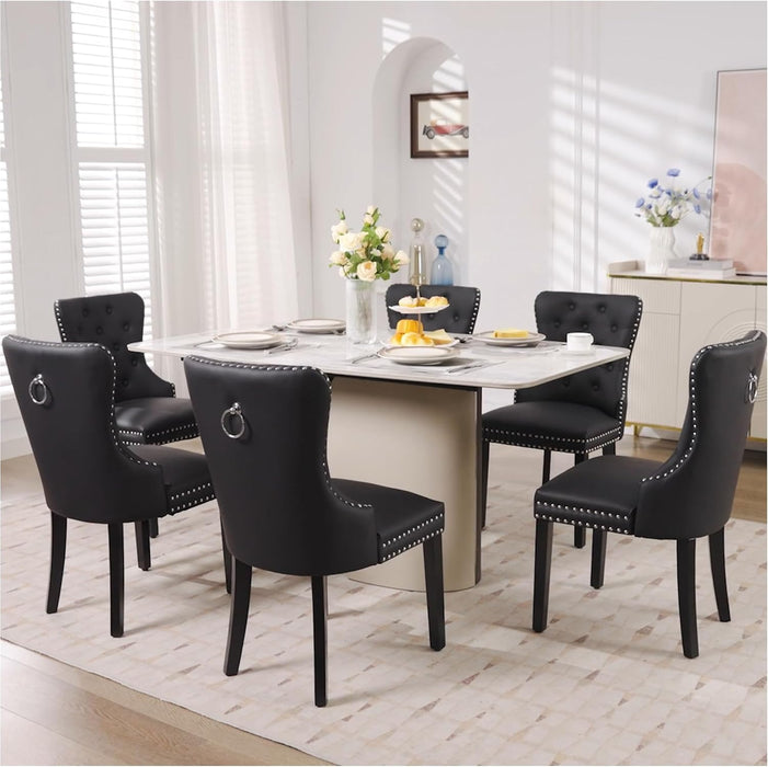 PU Leather Dining Chairs Set of 4, Tufted Upholstered Dining Room Chair with Solid Wood Legs and Pull Ring, Black