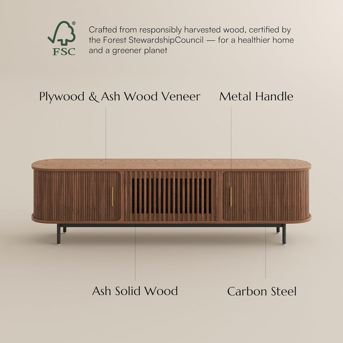 Fully-Assembled Mid Century Modern TV Stand for 75+ Inch TV, Sliding Door Entertainment Center with Storage, Wood TV Console, Media Console for Living Room Bedroom(Walnut, 94.49")