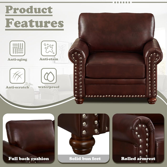 2-Piece Comfy Upholstered PU Leather Sofa Couch Set, Mid-Century Modern Loveseat Sofa+3 Seater Couch with Storage Space for Living Room, Furniture Set, Red Brown