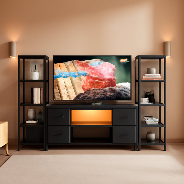 LED TV Stand 60 Inch for Living Room with Charging Station, Farmhouse Entertainment Center with 2 Industrial Bookshelves, Modern Console Cabinet with Storage Drawers (Black)