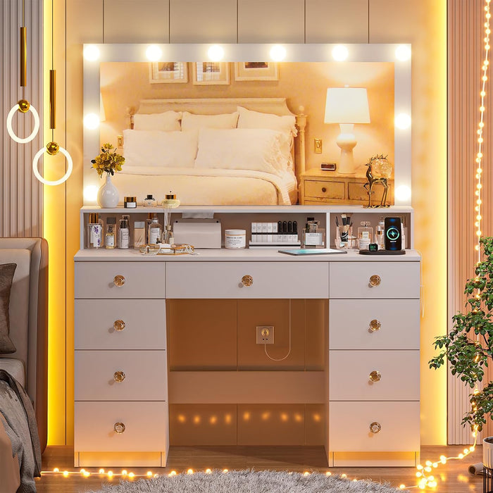 Vanity Desk with Lighted Mirror, Makeup Vanity Table with Power Outlet, 9 Drawers & Crystal Handles, 43.3” Large Vanity Desk Dressing Table for Women, Girls, Bedroom, White