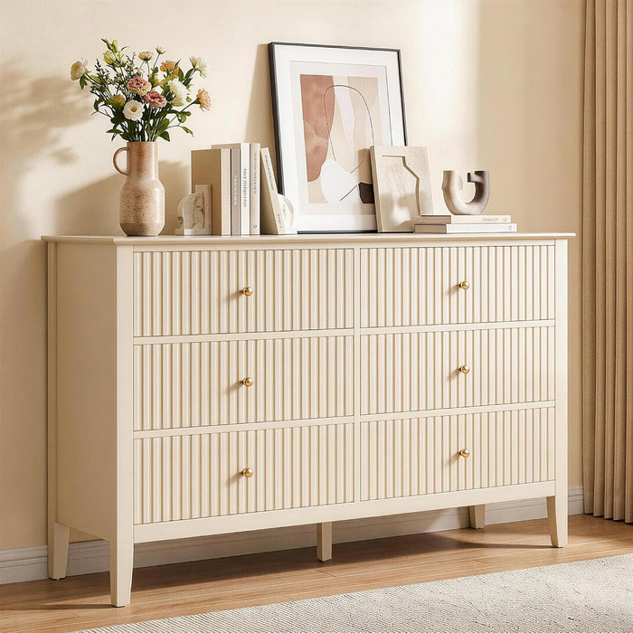 Beige 6 Drawer Dresser, Fluted Modern Wood Chest of Drawers, Long Dresser for Bedroom TV Stand Storage Cabinet for Living Room