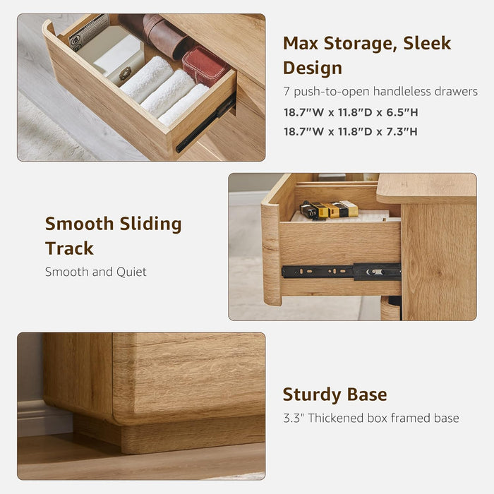 Modern 7 Drawer Dresser for Bedroom, 52" Wide Handleless Chest of Drawers, Large Push-To-Open Wood Storage, Dresser TV Stand for Bedroom, Living Room, Hallway, Curved Profile, Natural Oak