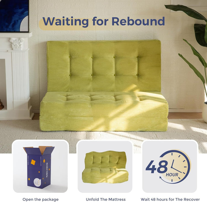 Tri-Fold Mattress, 6 Inch Tufted Folding Mattress Full Foam Bed, Foldable Floor Couch Guest Bed Topper Portable Camping Sleeper with Corded Fabric, Green, 53"X75"