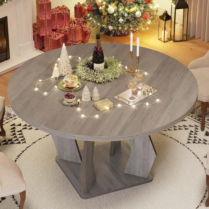 Round Dining Table for 4-6, Farmhouse Kitchen Table, Grey, 47 Inch | Modern Circle Dining Table with Wood Top, Wood Dinner Table with Wooden Pedestal Base for Dining Room, Living Room,Office