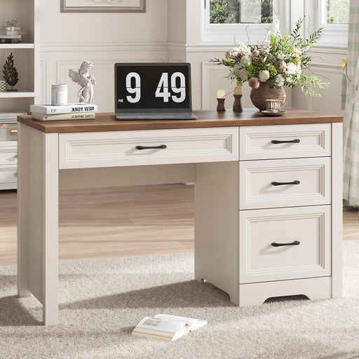 Farmhouse Executive Desk with Drawers, Home Office Desk with File Drawer, Wood Computer Desk with Ample Storage, Rustic Office Desk with Spacious Tabletop for Work, White