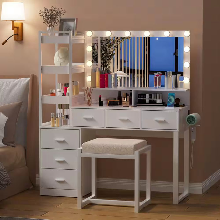 White Makeup Vanity Set with LED Lighted Mirror and Power Outlet, 6-Drawers and 3 Storage Movable Shelves