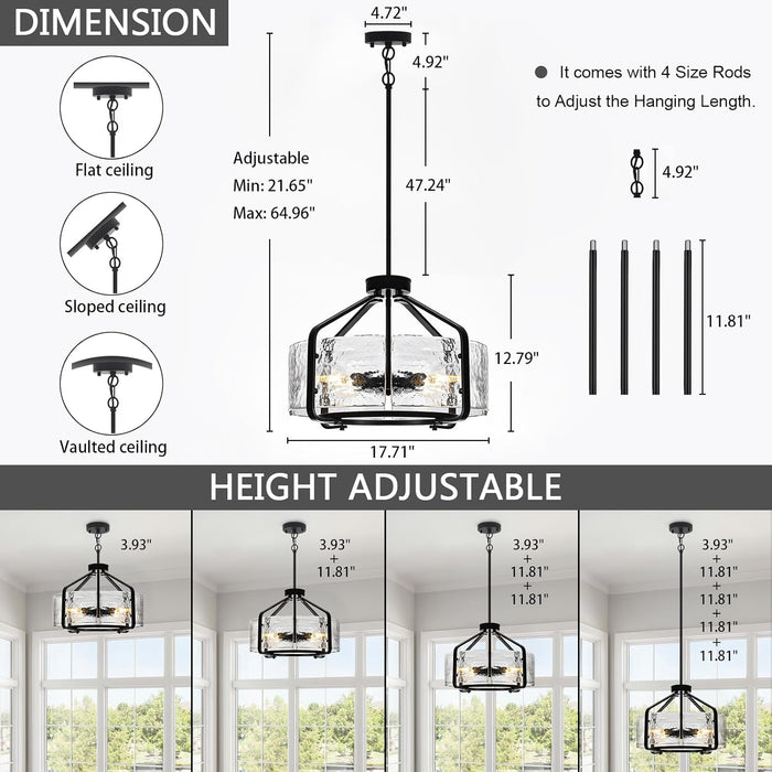 17.7 Inch Black Glass Drum Chandelier Contemporary
