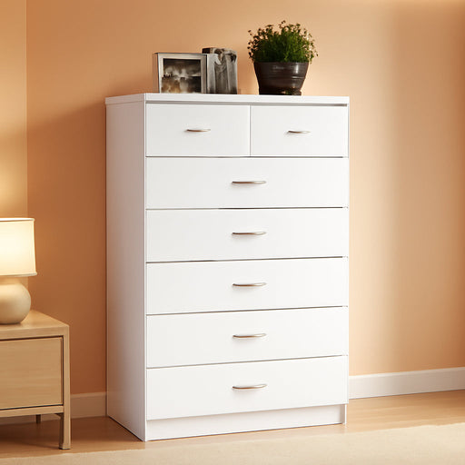 7 Drawer Wood Dresser for Bedroom, 31.5 Inch Wide Chest of Drawers, with 2 Locks on the Top Drawers, Storage Organization Unit for Clothing, White