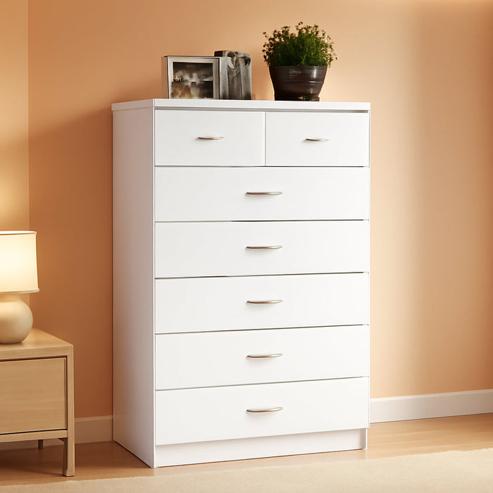7 Drawer Wood Dresser for Bedroom, 31.5 Inch Wide Chest of Drawers, with 2 Locks on the Top Drawers, Storage Organization Unit for Clothing, White