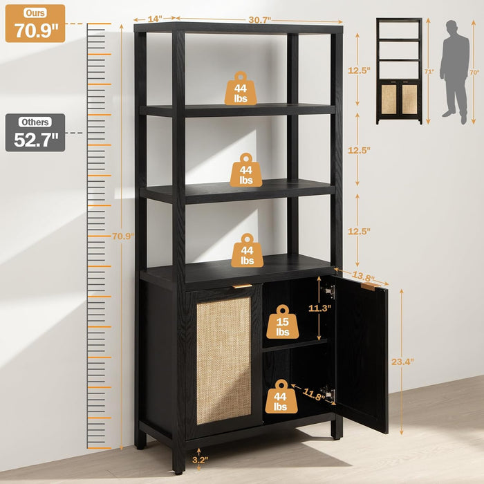 Rattan Boho 5 Tier BookshelfStorageUnit With Doors