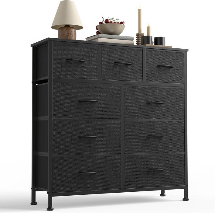 9 Drawer Dresser for Bedroom, Fabric Storage Organizer with Sturdy Metal Frame, Wooden Top Chest of Drawers for Closet Entryway Guest Room,Matte Black