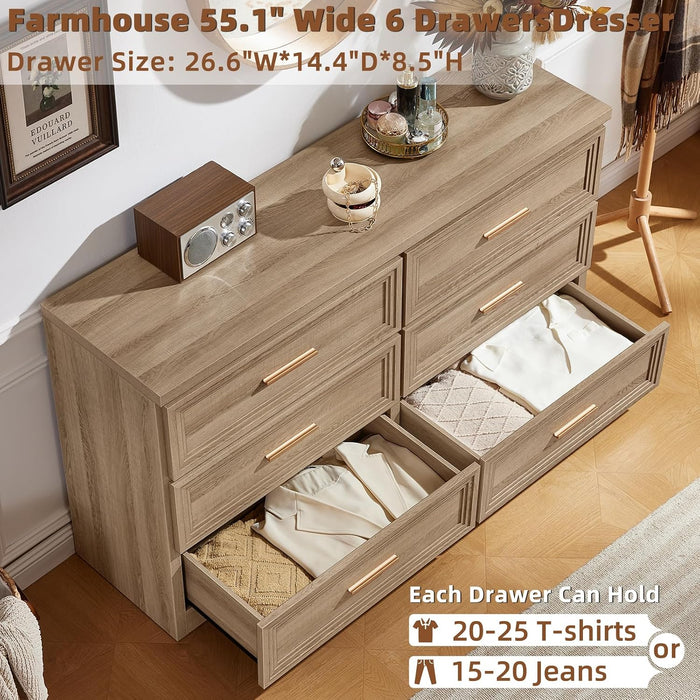 55.1" Wide Farmhouse 6 Drawers Dresser for Bedroom, Oak