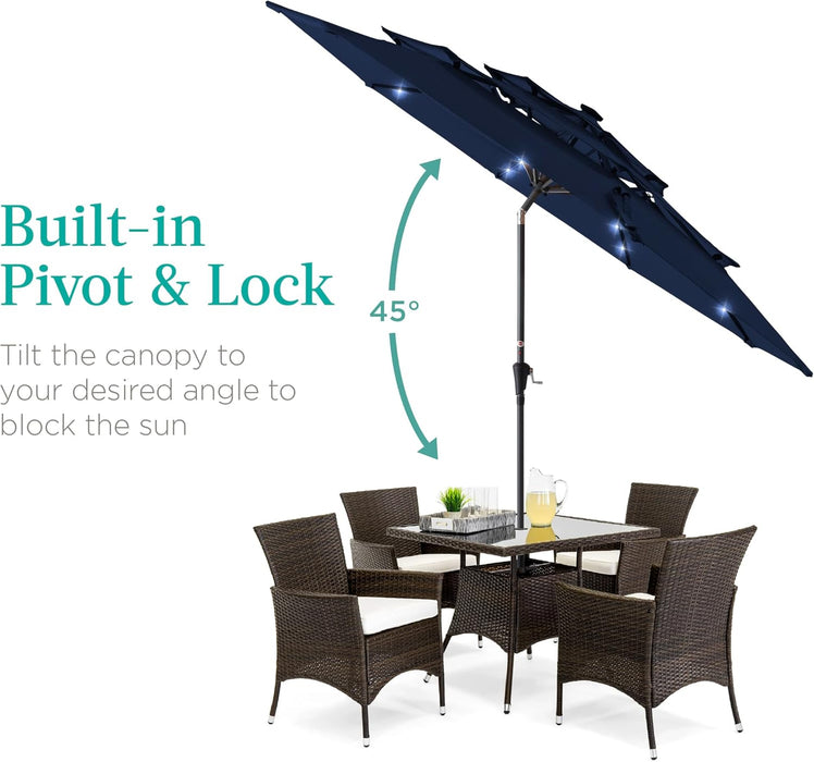 Best Choice Products 10Ft 3-Tier Solar Patio Umbrella, Outdoor Market Sun Shade for Backyard, Deck, Poolside W/ 24 LED Lights, Tilt Adjustment, Easy Crank, 8 Ribs - Navy Blue