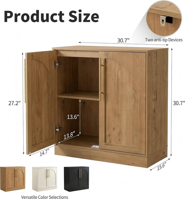 Storage Cabinet, Freestanding Sideboard Buffet Cabinet with Arched Design, Adjustable Shelves Wooden Cabinet Ideal for Coffee Bar, Living Room (Oak, Single)