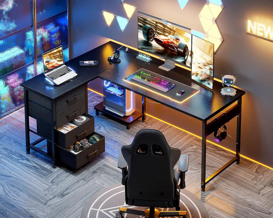 L Shaped Gaming Desk with 4 Drawers, 53" Reversible Home Office Desks with Power Outlets, L Shaped Computer Desk with USB Charging Port and Host Stand, Corner Desk, Easy to Assemble, Black