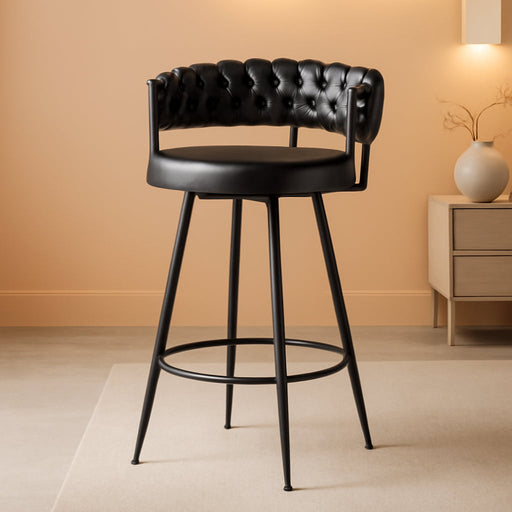 26" Counter Height Bar Stools Set of 3, Premium Faux Leather Barstools | Upholstered 360°Swivel Bar Chairs with Woven Backs Support & Heavy Duty Metal Legs for Kitchen Counter, Easy Assembly, Black