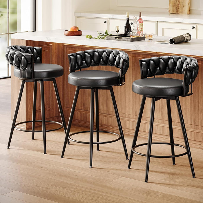 26" Counter Height Bar Stools Set of 3, Premium Faux Leather Barstools | Upholstered 360°Swivel Bar Chairs with Woven Backs Support & Heavy Duty Metal Legs for Kitchen Counter, Easy Assembly, Black