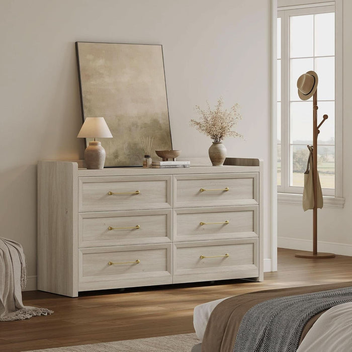 6 Drawer Dresser for Bedroom-56.4" Extra-Wide Wooden Chest of Drawers with Large Storage, Long Dresser TV Stand with Drawers, Farmhouse Closet Dressers for Nursery Living Room, Grey White Oak