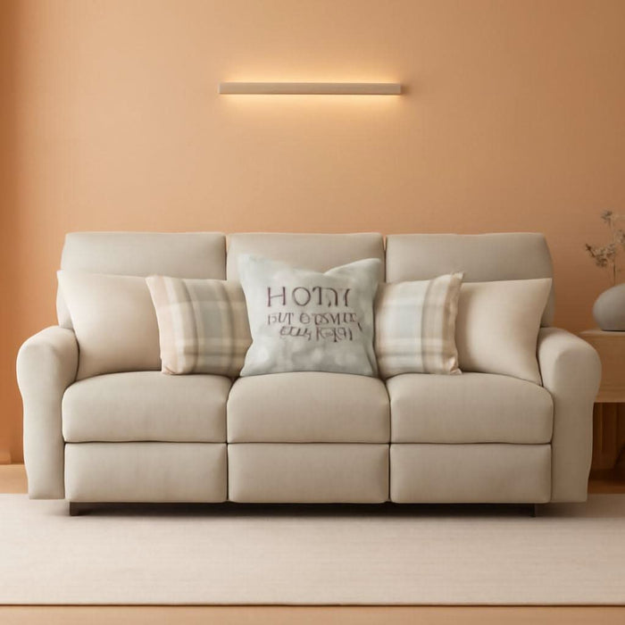 Eastland Lay Flat Reclining Sofa in Beige Fabric with Accent Pillows