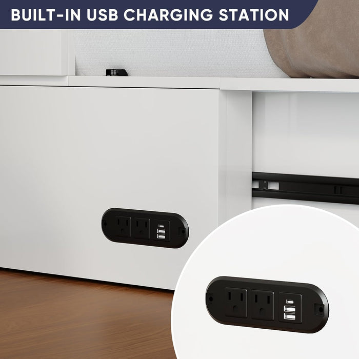 Queen Murphy Bed with Storage & Multifunctional Charging Station, Farmhouse Murphy Cabinet Bed with Foldable Panel, Space-Saving Beds for Guest Bedroom, Living Room-White & Brown,With Mattress