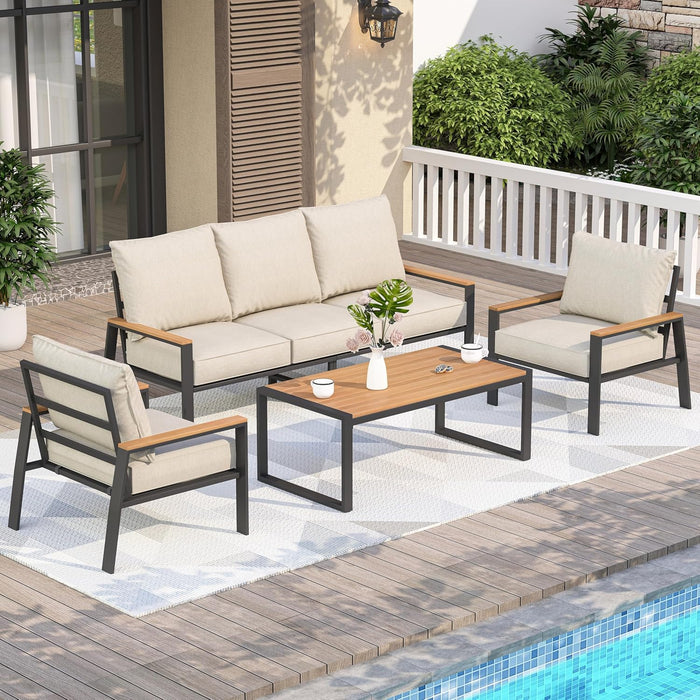 Patio Furniture Set, 4 Pieces Outdoor Furniture Patio Conversation Set with High Back, Faux-Wood Armrest and Tabletop, Outdoor Couch Patio Sofa Set for Balcony, Porch, Backyard, Beige