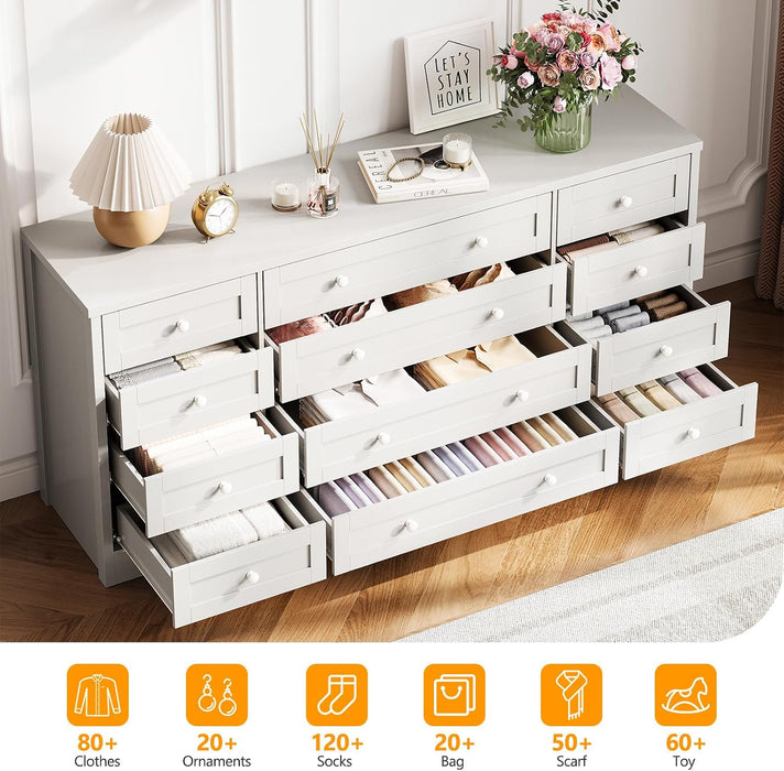 12 Drawer Wooden Dressers for Bedroom, Farmhouse White Wood Dresser