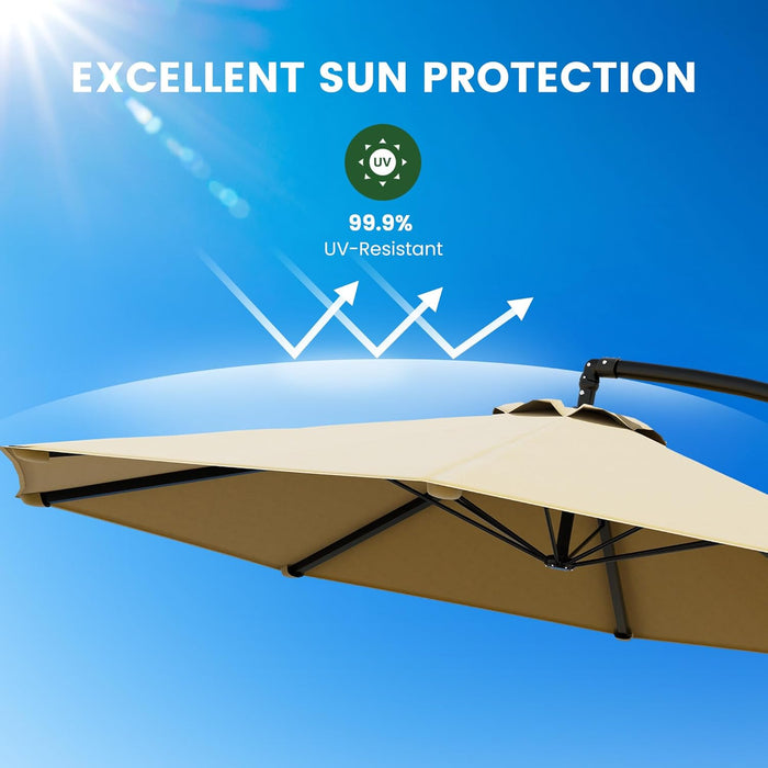 10FT Cantilever Offset Patio Umbrella with Base Included, Outdoor Patio Umbrella, Fade-Resistant Yarn-Dyed Canopy with PU Coating, 360° Rotation & Infinite Tilt, Heavy Duty 8-Rib Steel Frame for Patio, Pool, Deck, Backyard, Beige