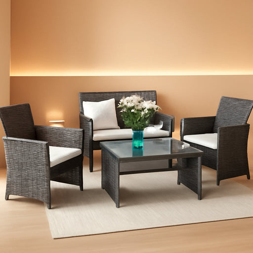 4 PCS Wicker Patio Conversation Set, Outdoor Rattan Sofas with Table Set, Patio Furniture Set with Soft Cushions & Tempered Glass Coffee Table for Poolside Balcony