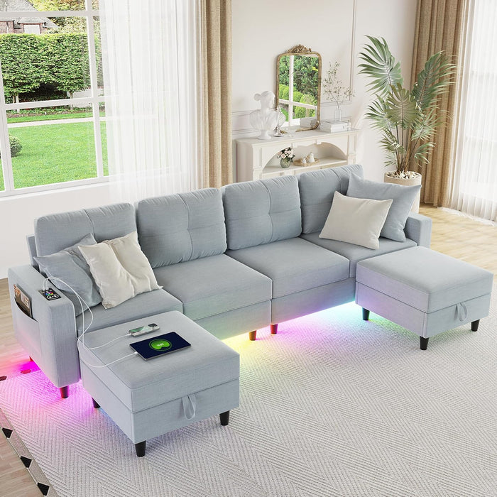 Modern LED Sectional Sofa U-Shaped Couch with Storage