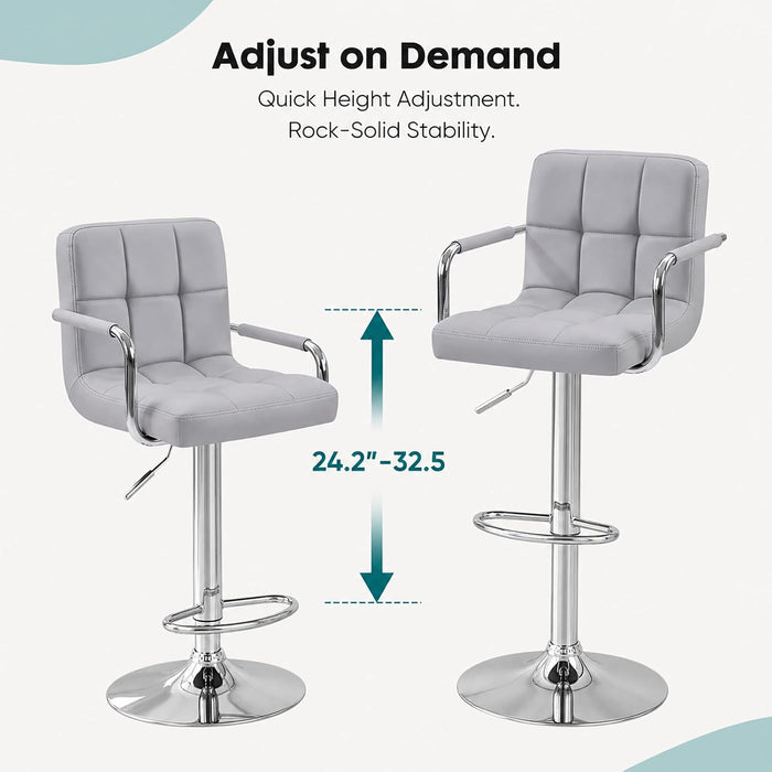 Swivel Bar Stools Set of 4, PU Leather Counter Height Stool with Arm | Upholstered Bar Chairs with Back, Barstools, Adjustable Height, Metal Legs, Kitchen Island, Cafe, Pub, Light Grey