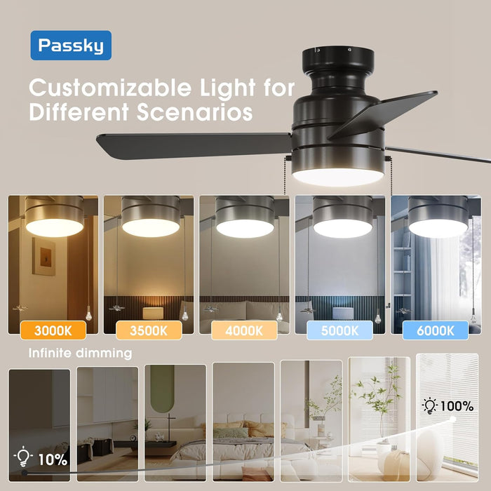 Ceiling Fans with Lights, 42 Inch Low Profile Ceiling Fan with Pull Chain and Remote Control, Flush Mount, Reversible, 3CCT, Dimmable, Noiseless, Black Pull Cord Ceiling Fan for Bedroom