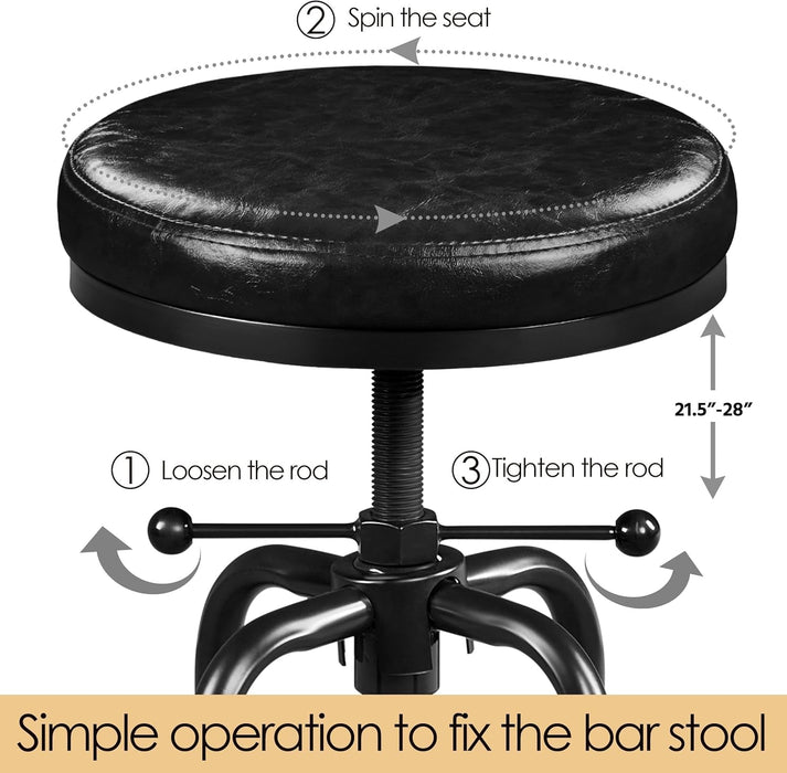 Industrial Bar Stools Vintage Counter Height Bar Stool with round Faux Leather Seat Metal Stool Adjustable Kitchen Stool 21.5-28 Inch Tall Black, 1PCS