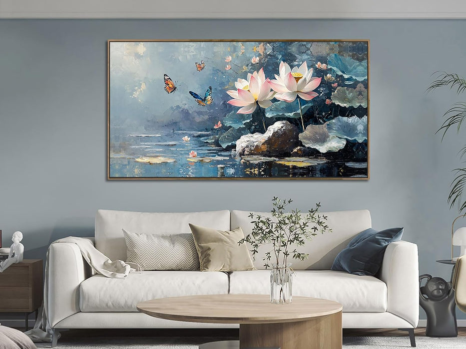 Lotus Floral Canvas Wall Art Lrage Framed Pictures Wall Decor Living Room Flower Paintings Artwork for Walls Bedroom Kitchen Dining Room Home Office, 40"X20"