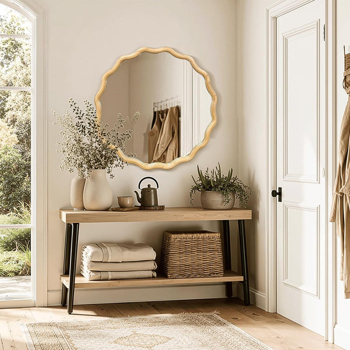 Circle Wood Mirrors for Wall, Wavy round Bathroom Scalloped Mirror Wooden Frame 24 Inch for Living Room Farmhouse Bedroom Hallway Entryway Living Room with Shatterproof Glass Wall Mounted