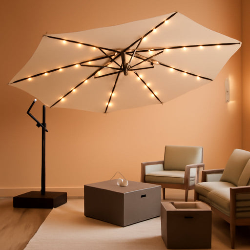 10Ft Solar LED Patio Umbrella with Base Included, Offset Umbrella with Weighted Sandbag Base, Cantilever Patio Umbrellas for Backyard, Garden & Deck, 32 LED Lights & Polyester Shade, Tan
