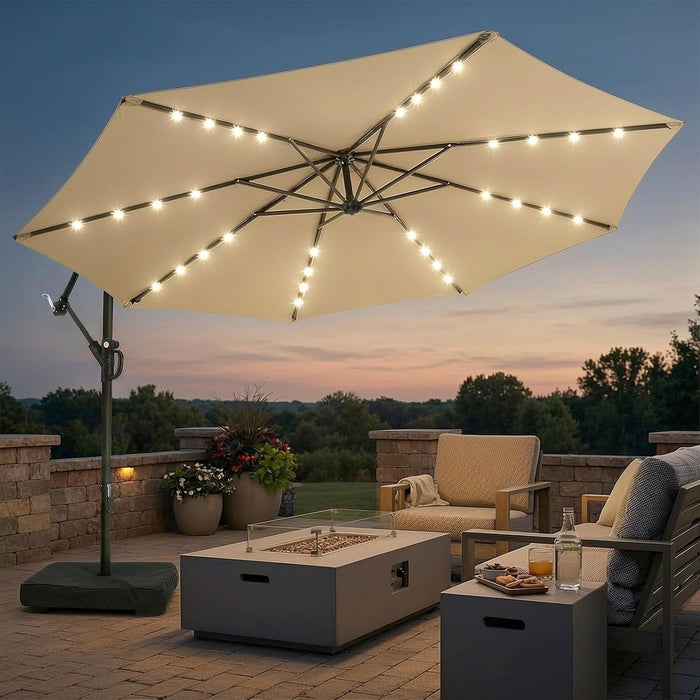 10Ft Solar LED Patio Umbrella with Base Included, Offset Umbrella with Weighted Sandbag Base, Cantilever Patio Umbrellas for Backyard, Garden & Deck, 32 LED Lights & Polyester Shade, Tan