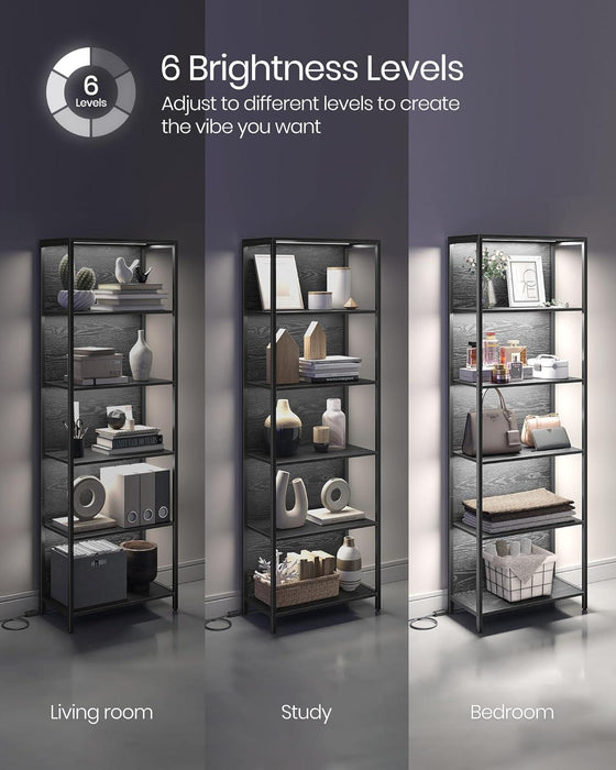 6-Tier LED Bookshelf, Display Shelf with Dimmable Lights, LED Bookcase with Steel Frame, 11.9 X 23.6 X 70.3 Inches, for Living Room, Bedroom, Office, Black with Wood Grain ULLS120B56