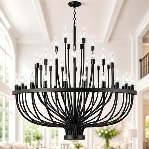 Large Chandelier for High Ceilings, 48-Light Black Wagon Wheel Chandelier, 47.2 Inch 3-Tier Extra Farmhouse Dining Room Light Fixture for Foyer, Living Room, Entryway