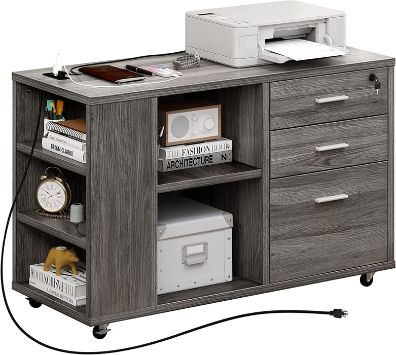 Grey Filing Cabinet with Charging Station & Lock