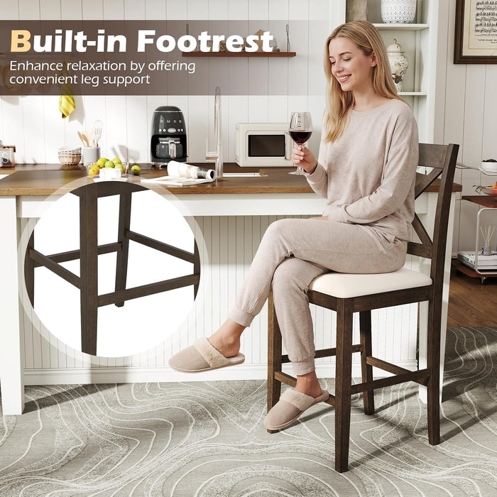 24" Farmhouse Bar Stools Set of 2, Cross Back Counter Height Chairs with Padded Linen Upholstered Seat & Footrest, Wooden Barstools for Kitchen Island, Dining Room, Cafe, Dark Brown & Cream
