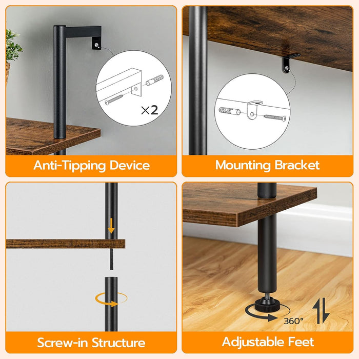 DIY Ladder Shelf, 6-Tier Wooden Wall Mounted Bookshelf, Narrow Bookcase, Display Shelf, Storage Rack, Plant Stand, for Living Room, Bedroom, Study, Balcony, Rustic Brown and Black BF651CJ01