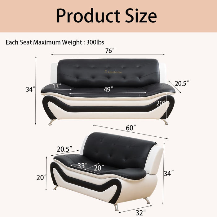 Sectional Sofa Sets, Living Room Furniture Sets Modern Faux Leather Sofa Couch 5-Seat Sofa for Living Room(C-Black/White, Sofa+Loveseat)