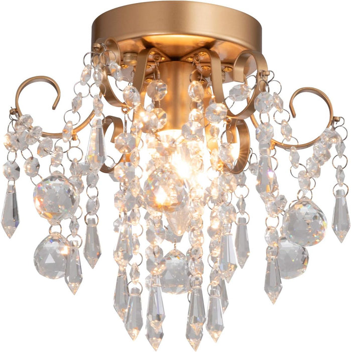 Mini Chandelier Crystal Ceiling Light,Small Flush Mount Gold Light Fixture for Entryway Bedroom Barthroom Hallway Closet E12