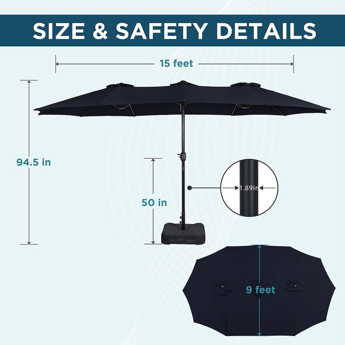 15FT Extra Large Patio Umbrella with Base Included, Heavy Duty Rectangle Outdoor Double-Sided Market Umbrella with 12 Strong Ribs for Patio, Garden, Lawn, Deck & Pool